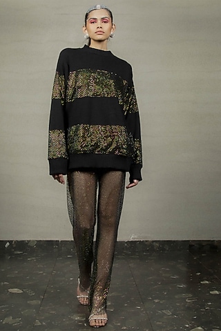 Black Jersey Sequins Embroidered Sweatshirt by Pooja Shroff