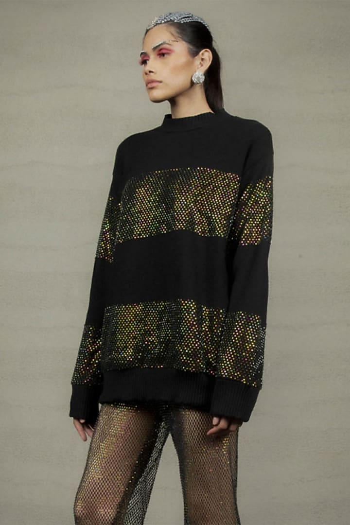 Black Jersey Sequins Embroidered Sweatshirt by Pooja Shroff at Pernia's Pop Up Shop