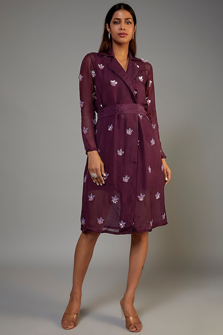 Purple Organza Hand Embroidered Coat Dress by Pooja Zaveri