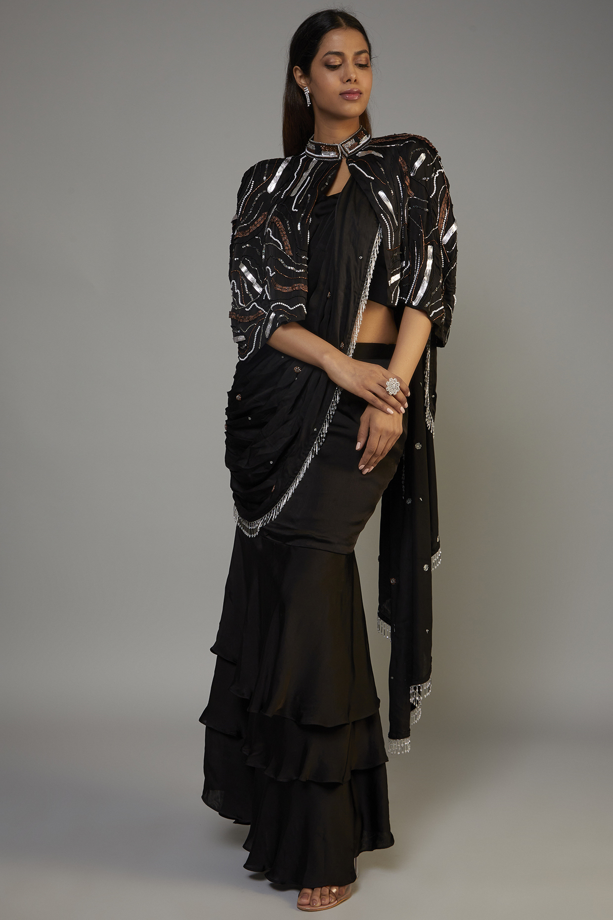 Black Georgette Satin Hand Embroidered Lehenga Saree Set by Pooja Zaveri