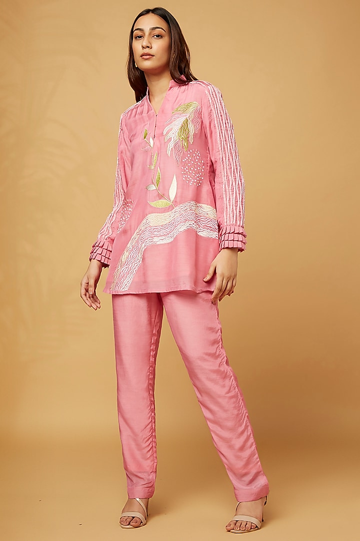 Pink Mul Silk Hand Embroidered Co-Ord Set by Pooja Zaveri