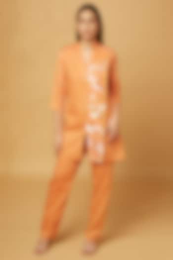 Orange Premium Glass Cotton Embroidered Co-Ord Set by Pooja Zaveri