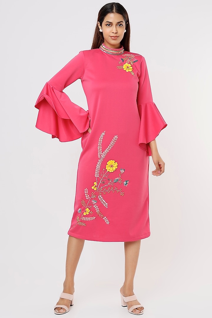 Fuchsia Embroidered Midi Dress by Pooja Zaveri at Pernia's Pop Up Shop