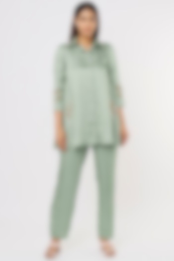 Olive Green Embroidered Co-Ord Set by Pooja Zaveri at Pernia's Pop Up Shop