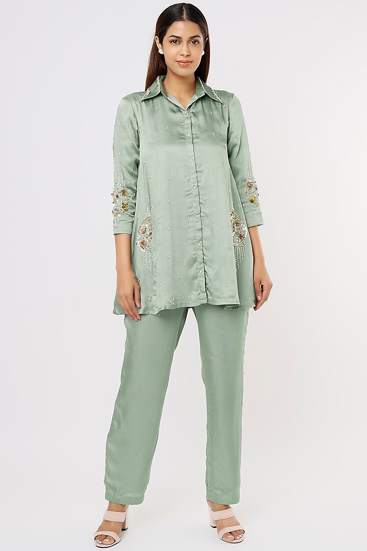 Olive Green Embroidered Co-Ord Set by Pooja Zaveri at Pernia's Pop Up Shop