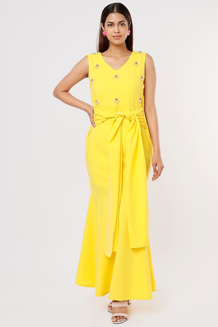 Yellow Hand Embroidered Maxi Dress by Pooja Zaveri