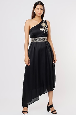 Black Hand Embroidered Asymmetrical Dress by Pooja Zaveri