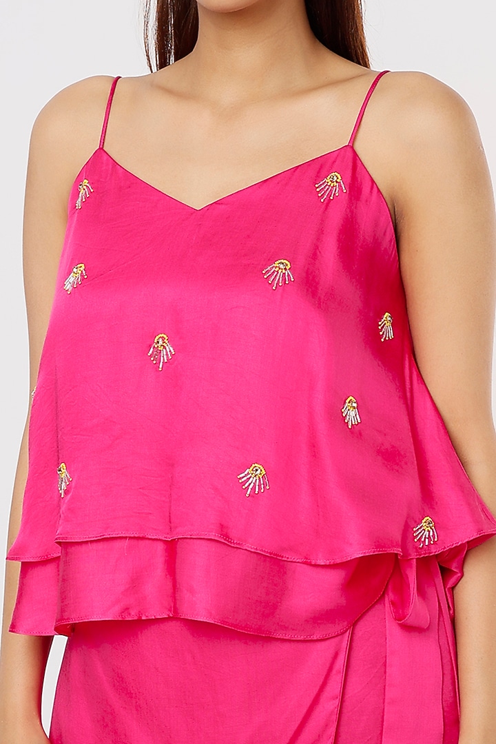 Hot Pink Cotton Embroidered Co-Ord Set by Pooja Zaveri at Pernia's Pop Up Shop