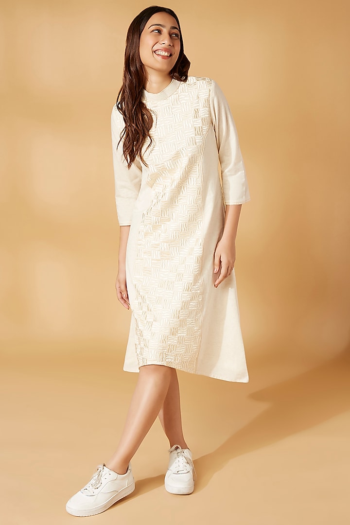 White Cotton Jute Embroidered Paneled Dress by Pooja Zaveri