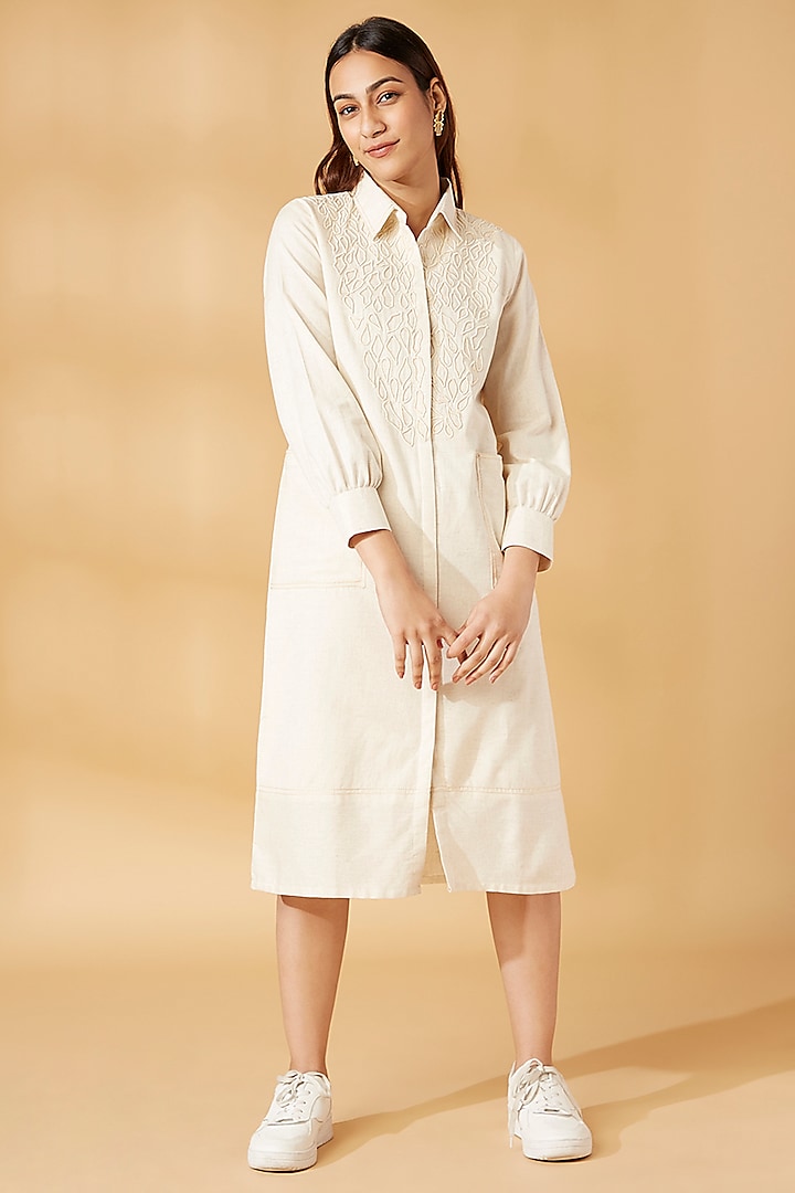 White Cotton Jute Embroidered Shirt Dress by Pooja Zaveri at Pernia's Pop Up Shop