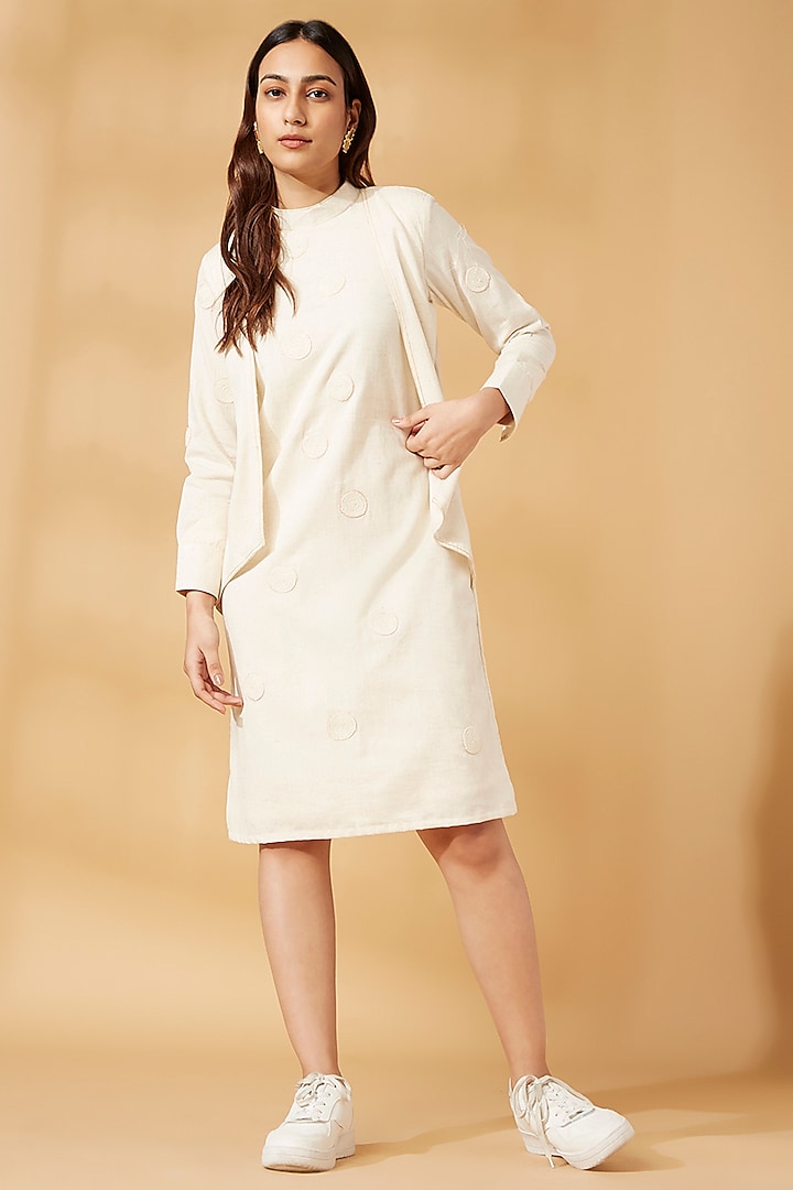 White Cotton Jute Embroidered Flap Dress by Pooja Zaveri