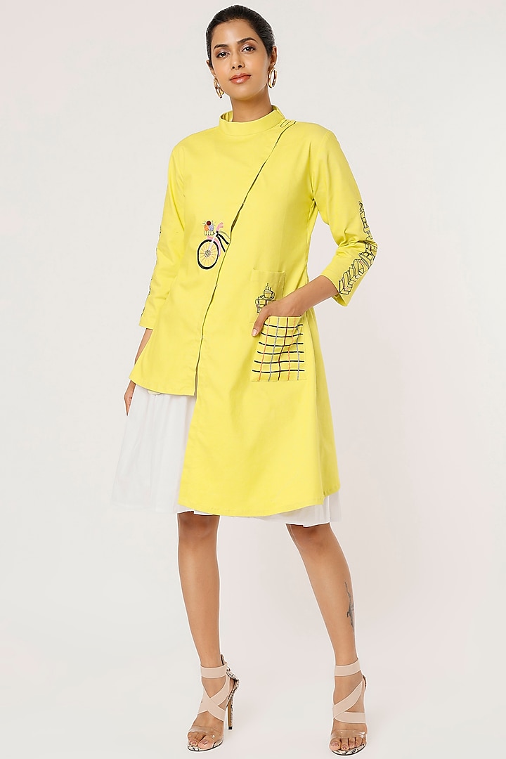 Lemon Yellow Denim Jacket Dress by Pooja Zaveri