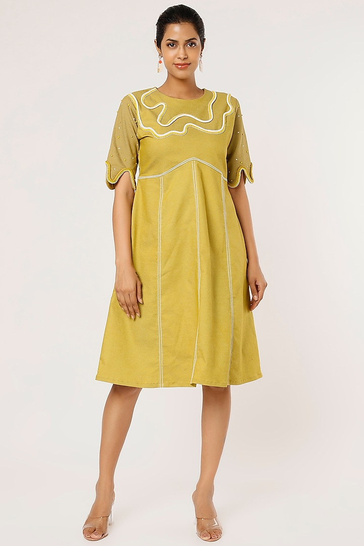 Mehendi Green Denim Midi Dress by Pooja Zaveri