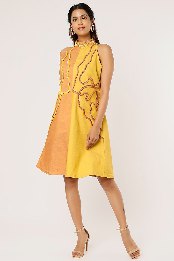 Yellow & Orange Embroidered Dress by Pooja Zaveri