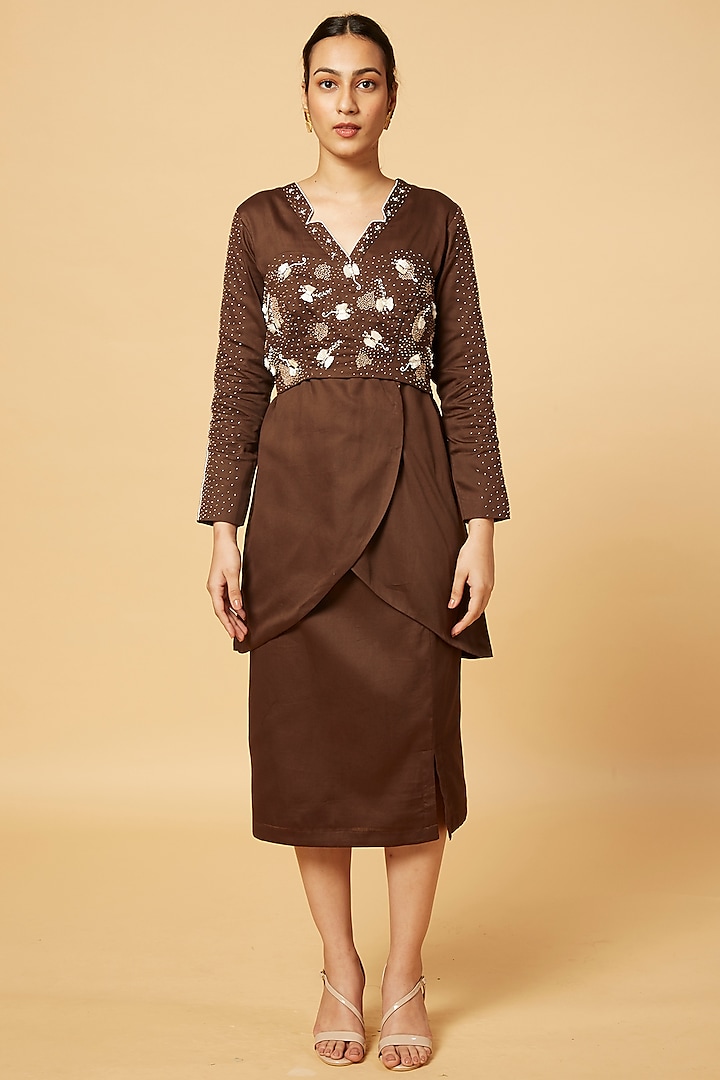 Brown Glass Cotton Skirt Set by Pooja Zaveri