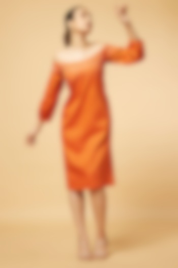 Orange Glass Cotton Embroidered Off-Shoulder Dress by Pooja Zaveri