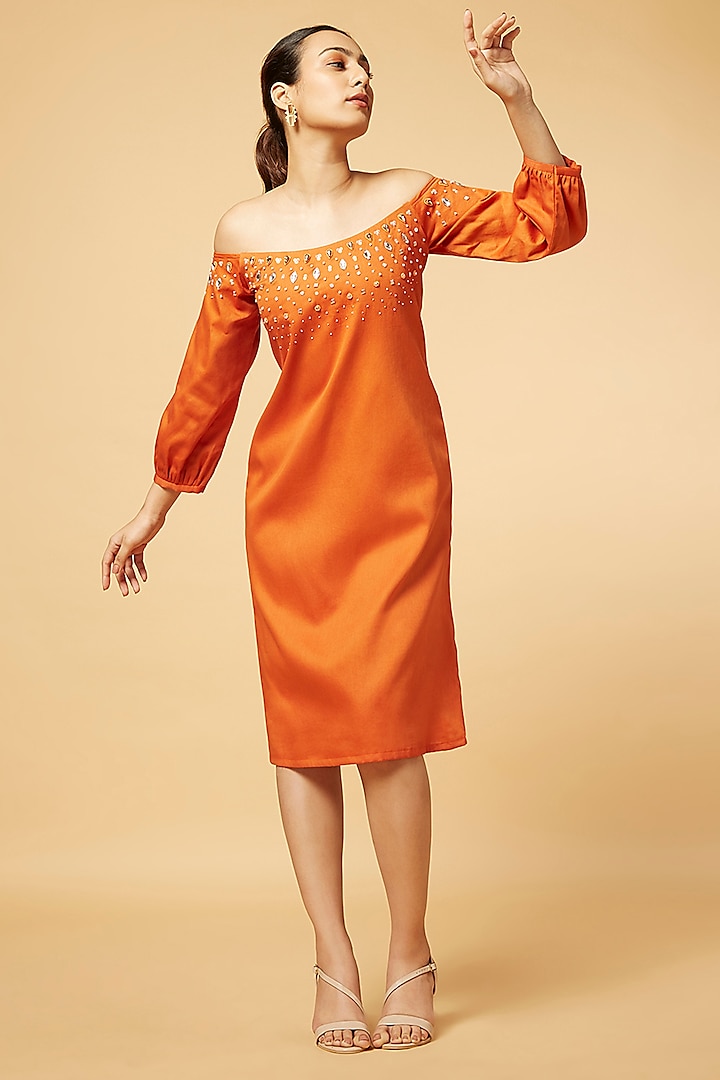 Orange Glass Cotton Embroidered Off-Shoulder Dress by Pooja Zaveri