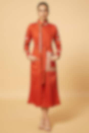 Orange Glass Cotton Embroidered Dress by Pooja Zaveri