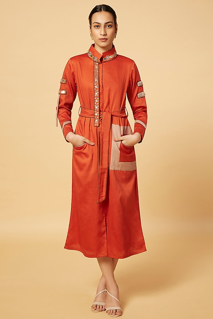 Orange Glass Cotton Embroidered Dress by Pooja Zaveri