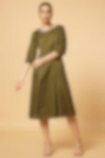 Olive Green Glass Cotton A-Line Dress by Pooja Zaveri