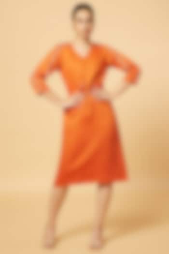 Orange Glass Cotton Embroidered Dress With Belt by Pooja Zaveri