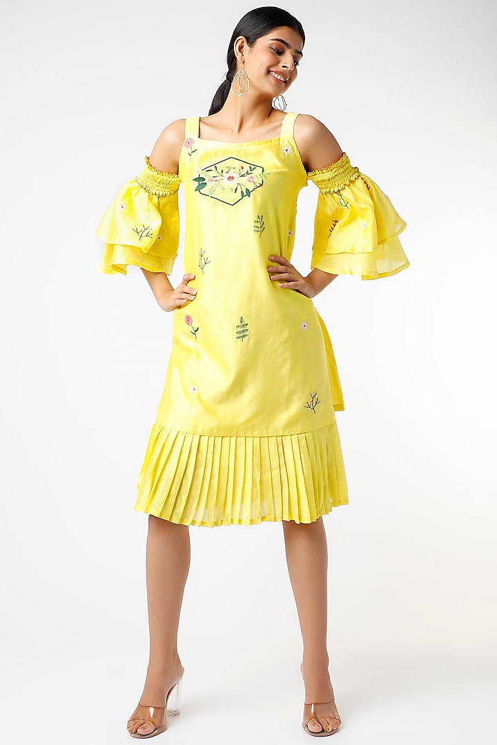 Yellow Embroidered Layered Dress by Pooja Zaveri