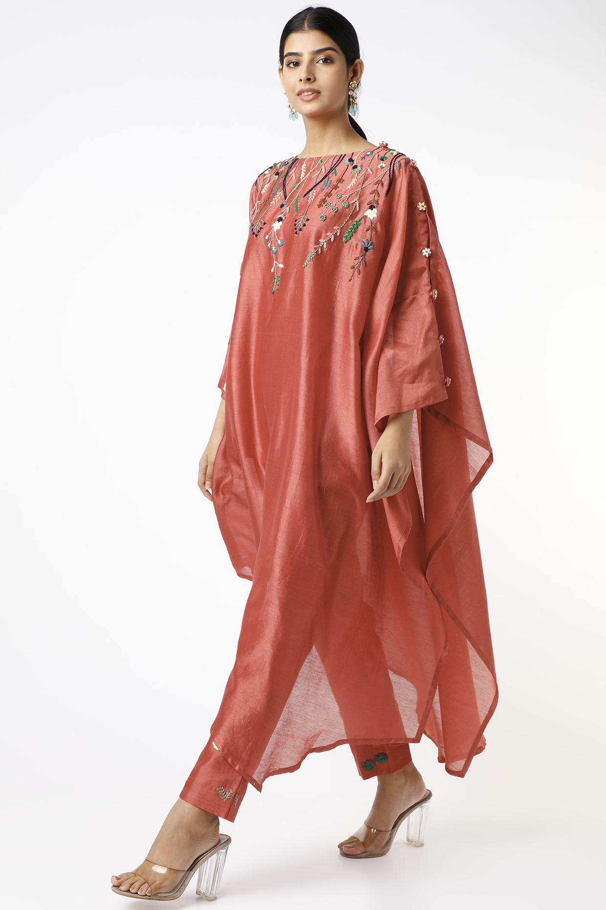 Rust Orange Pure Chanderi Zardosi Embroidered Kaftan Kurta Set by Pooja Zaveri