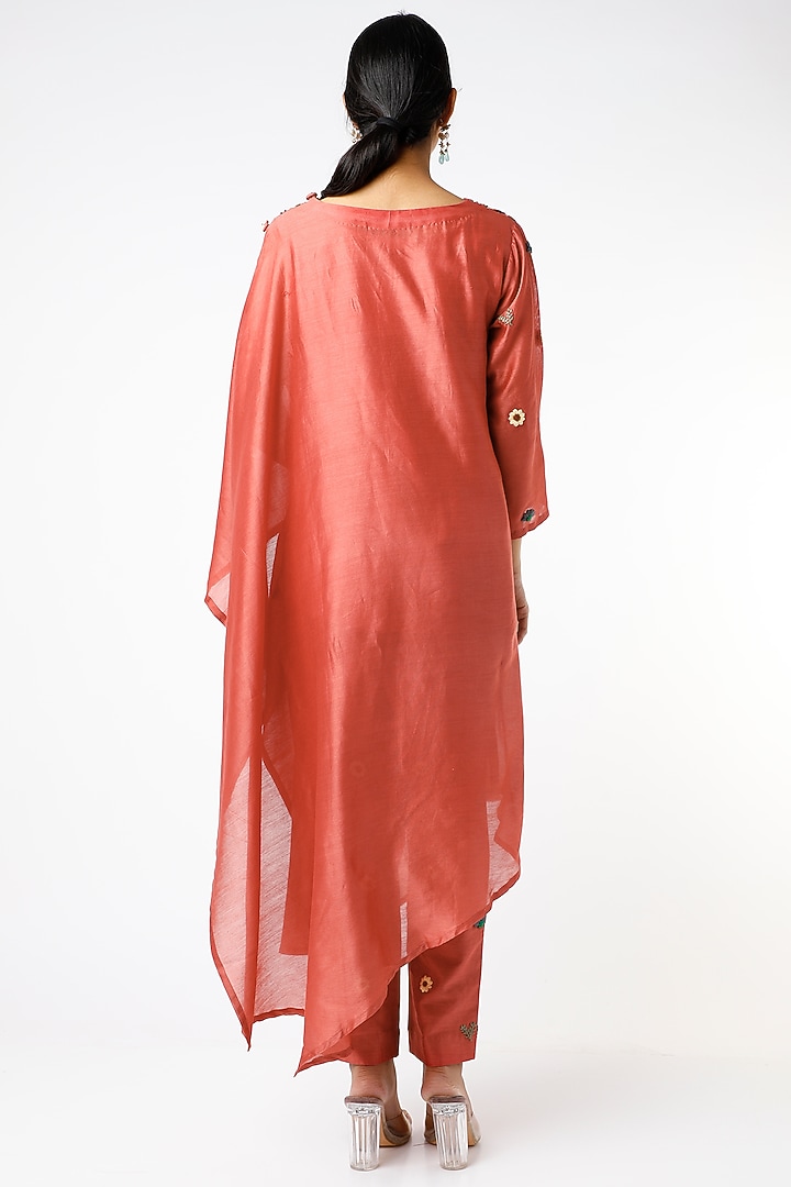 Rust Orange Pure Chanderi Zardosi Embroidered Kaftan Kurta Set by Pooja Zaveri at Pernia's Pop Up Shop