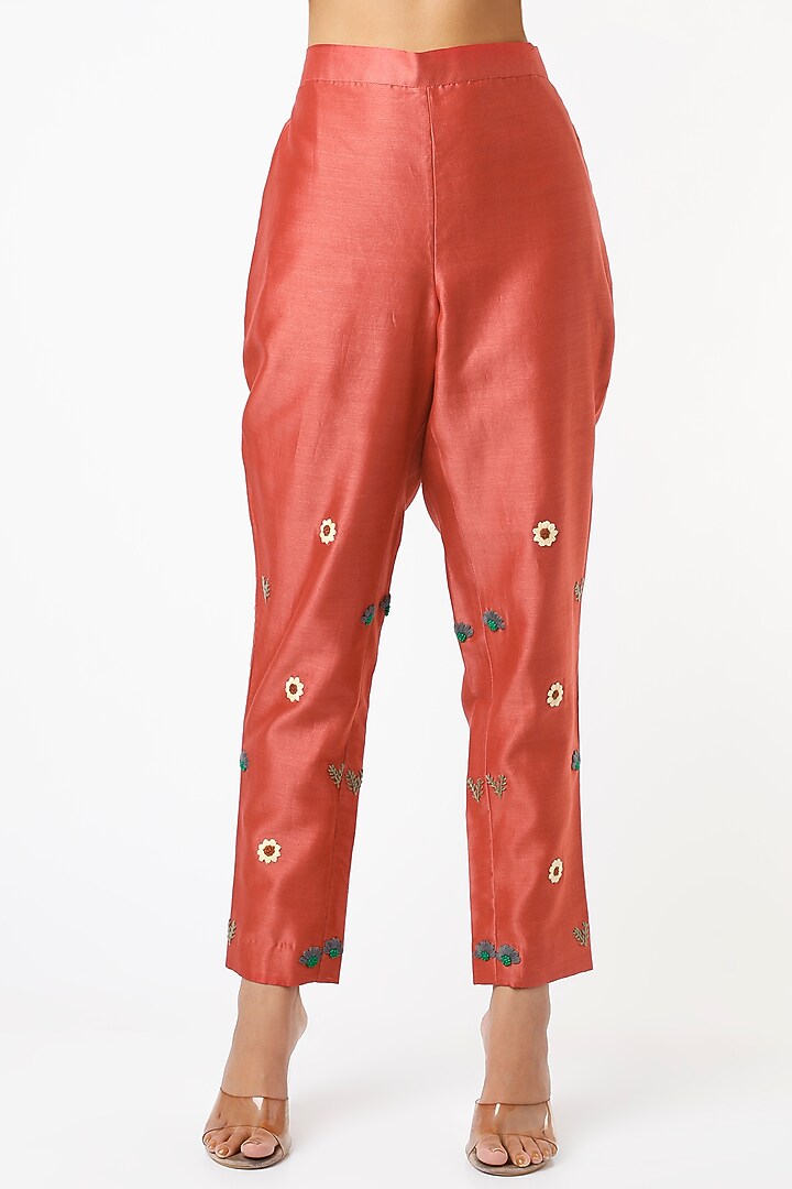 Rust Orange Pure Chanderi Zardosi Embroidered Kaftan Kurta Set by Pooja Zaveri at Pernia's Pop Up Shop
