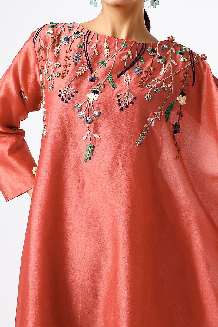 Rust Orange Pure Chanderi Zardosi Embroidered Kaftan Kurta Set by Pooja Zaveri at Pernia's Pop Up Shop