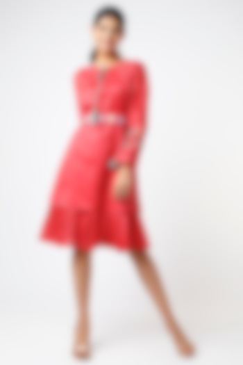 Red Layered Dress With Belt by Pooja Zaveri