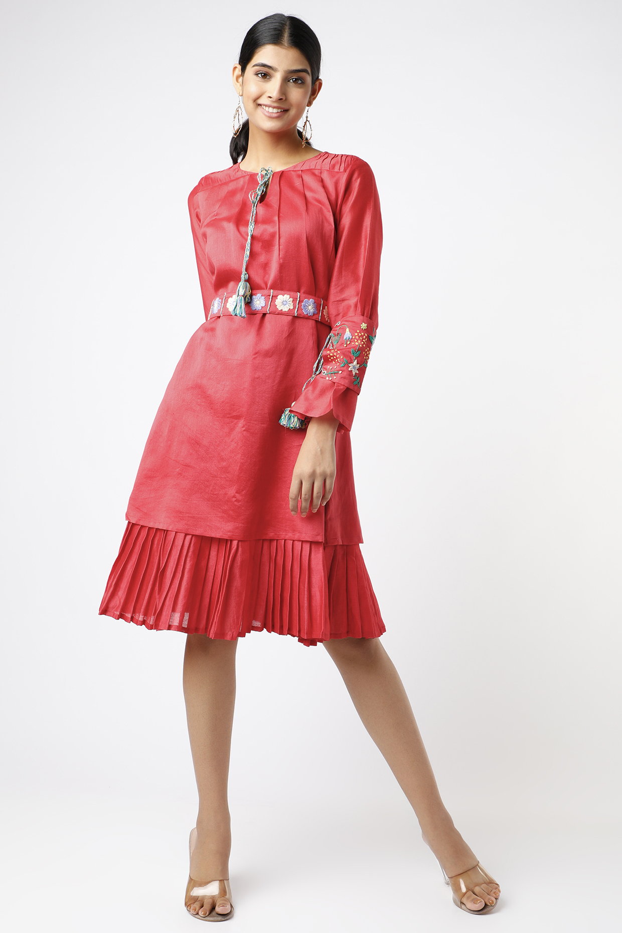 Red Layered Dress With Belt by Pooja Zaveri