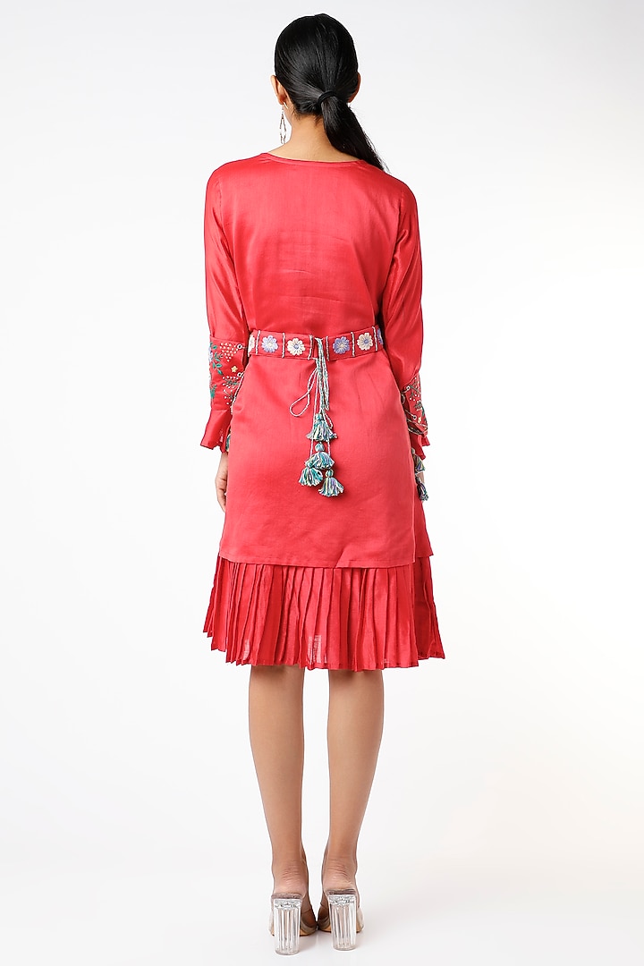 Red Layered Summer Dress With Belt by Pooja Zaveri at Pernia's Pop Up Shop