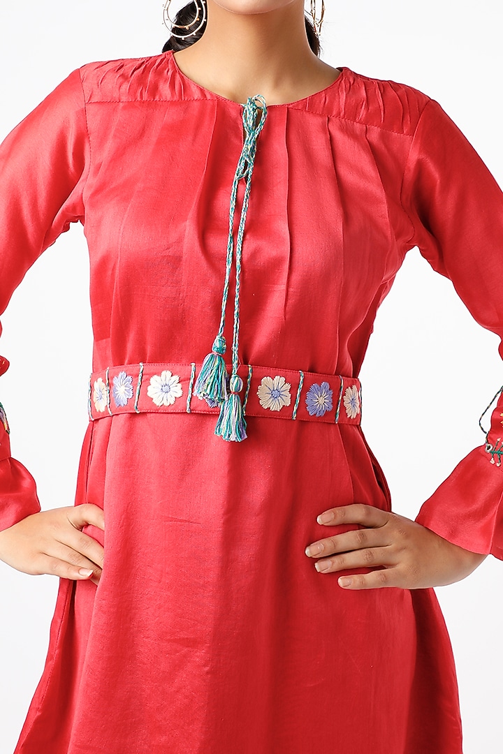 Red Layered Summer Dress With Belt by Pooja Zaveri at Pernia's Pop Up Shop