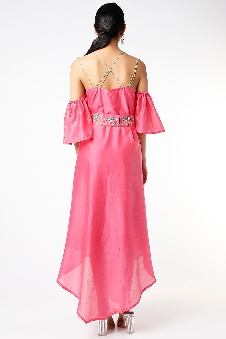 Fuchsia Embroidered Summer Dress With Belt by Pooja Zaveri at Pernia's Pop Up Shop