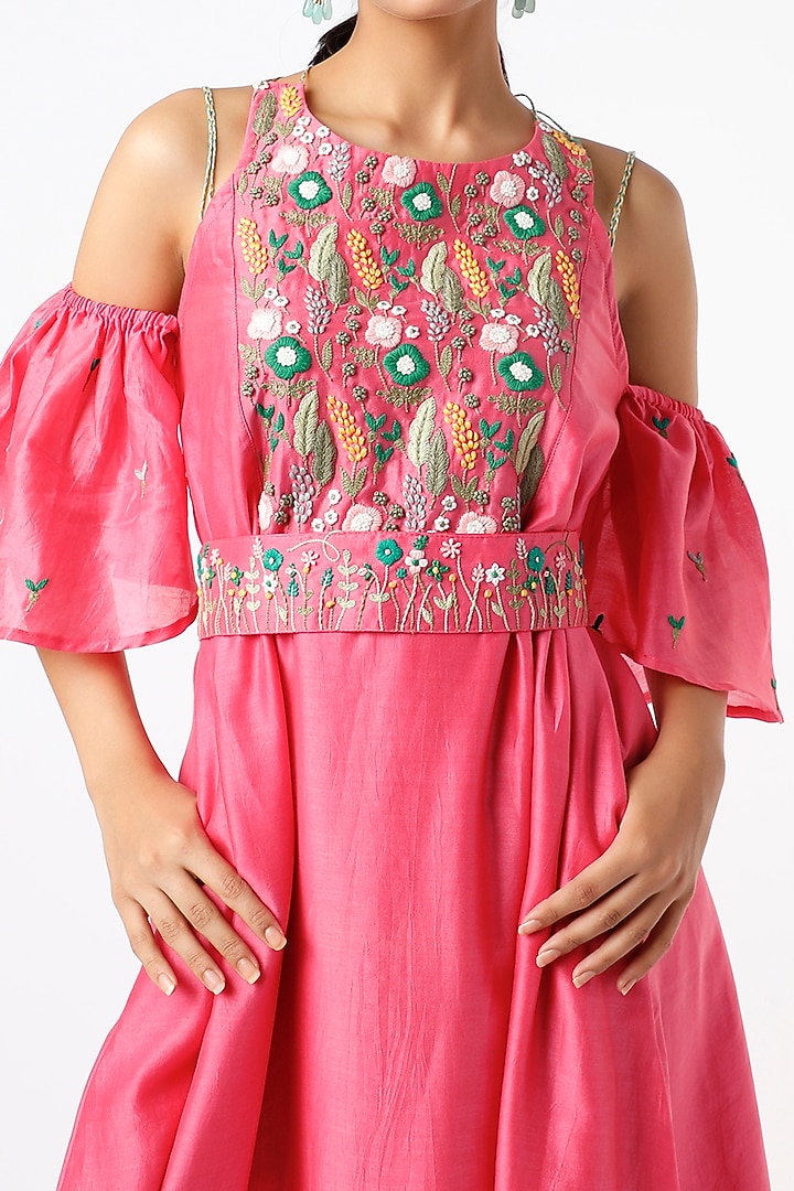 Fuchsia Embroidered Summer Dress With Belt by Pooja Zaveri at Pernia's Pop Up Shop