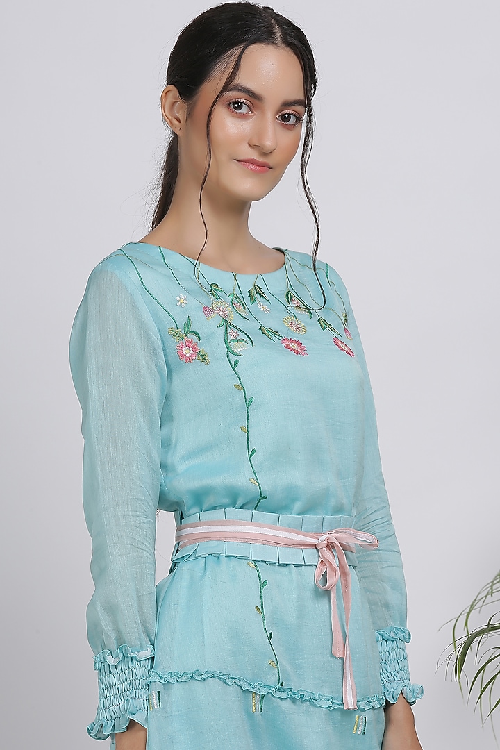 Powder Blue Thread Embroidered Summer Dress by Pooja Zaveri at Pernia's Pop Up Shop