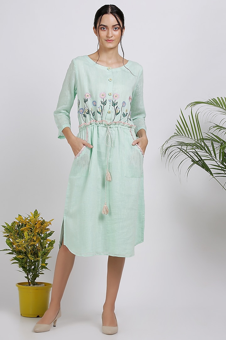 Mint Green Floral Embroidered Dress by Pooja Zaveri at Pernia's Pop Up Shop