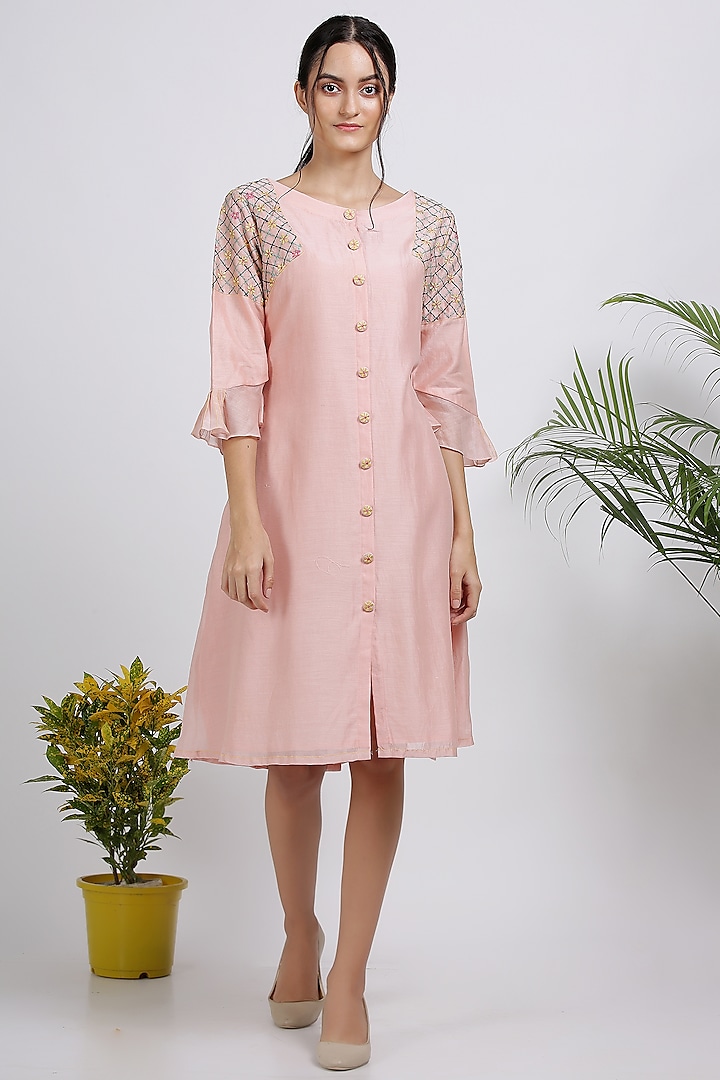 Peach Embroidered Shirt Dress by Pooja Zaveri