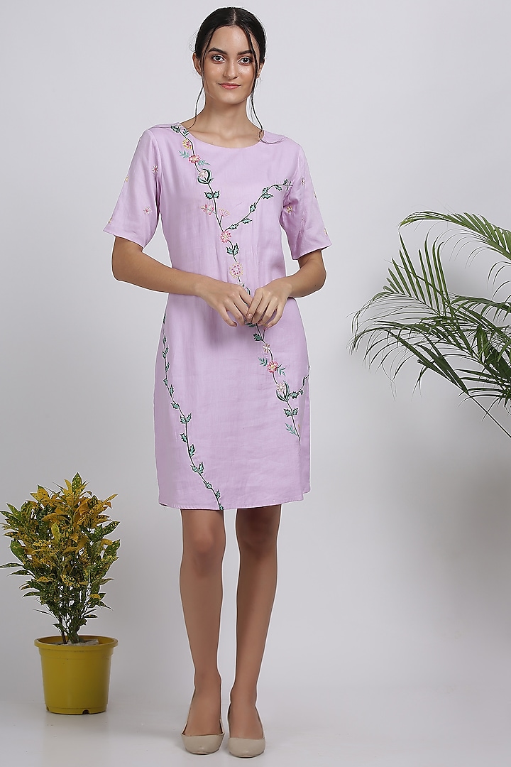 Lilac Floral Embroidered Dress by Pooja Zaveri