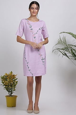 Lilac Floral Embroidered Dress by Pooja Zaveri