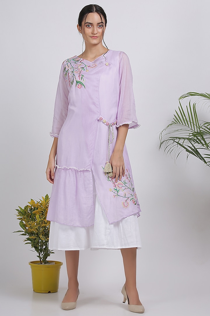 Lilac Floral Embroidered Jacket Dress by Pooja Zaveri