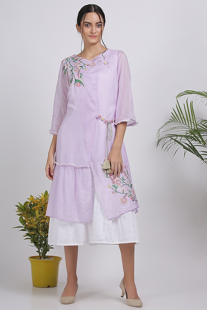 Lilac Floral Embroidered Jacket Dress by Pooja Zaveri