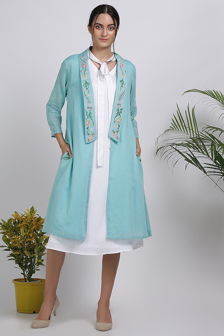 Powder Blue Floral Embroidered Jacket Dress by Pooja Zaveri