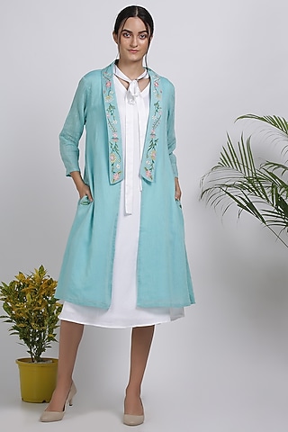Powder Blue Floral Embroidered Jacket Dress by Pooja Zaveri