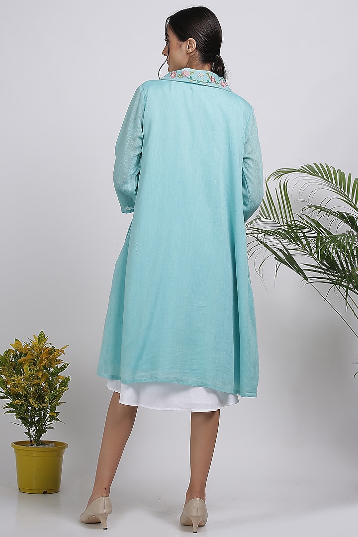 Powder Blue Floral Embroidered Jacket Summer Dress by Pooja Zaveri at Pernia's Pop Up Shop