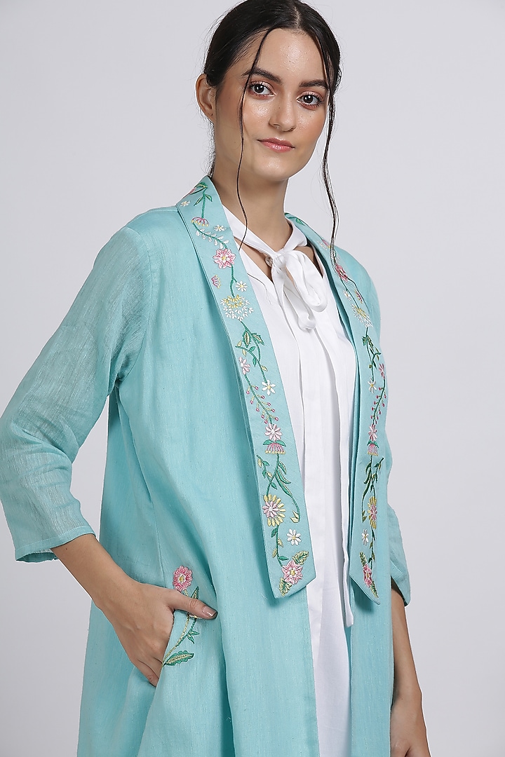 Powder Blue Floral Embroidered Jacket Summer Dress by Pooja Zaveri at Pernia's Pop Up Shop