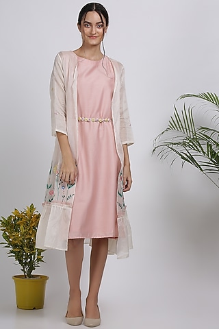 Cream Embroidered Jacket Dress by Pooja Zaveri