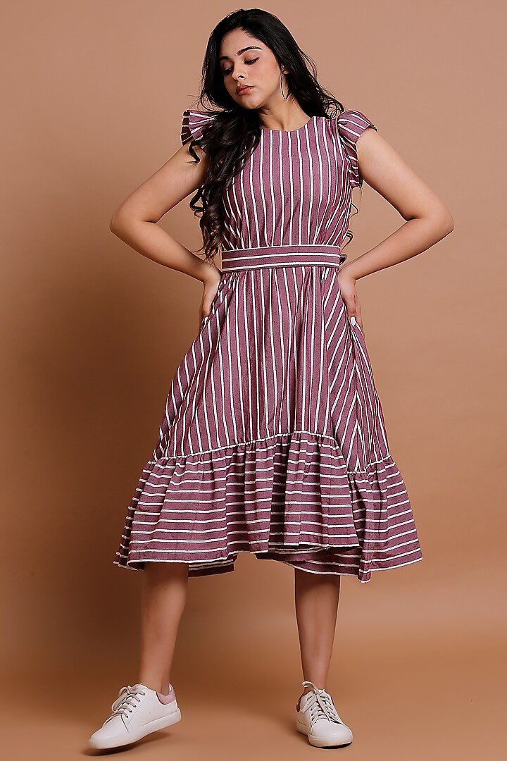 Wine Striped A-Line Dress by Pooja Zaveri