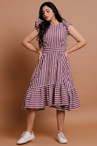 Wine Striped A-Line Dress by Pooja Zaveri